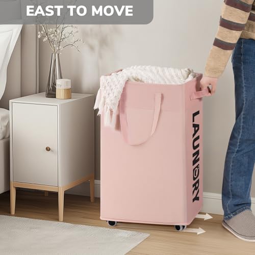 Image of Goodpick Pink Laundry Basket with Wheels, Dorm Room Essentials for Girls, 75L Collapsible Laundry Basket, Laundry Hamper with Handle for College Dorm