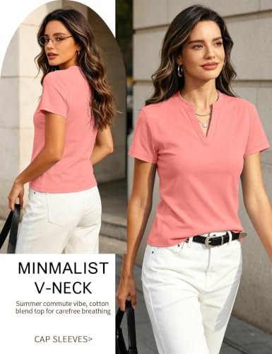 Image of Meetrendi Women's Notch V Neck T-Shirt Slim Fit Premium Cotton Blend Short Top