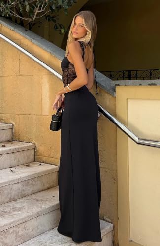Image of Women's Lace Splicing Cutout Maxi Dress Square Neck Sleeveless Bodycon Long Dress with Sheer Corset