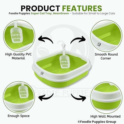 Image of Foodie Puppies Cat Litter Box Tray with Rim and Scooper - (Neon Green) (Large, 46 x 38 x 13 cm) | Semi-Closed Design and Durable Quality | Pet Litter Sand Tray Suitable for All Adult Cats & Kittens