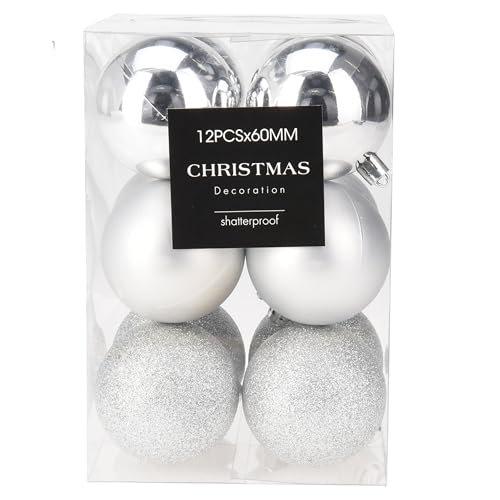 12 x Bruchsichere Weihnachtskugeln aus Kunststoff – Ø 6 cm Silber...