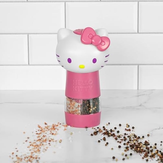 Uncanny Brands Sanrio Hello Kitty Salt and Pepper Grinder ¨C Dual Chamber Electric Mill with Adjustable Coarseness and LED Light ¨C Battery Powered