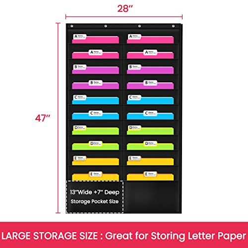 Image of Folder Pocket Chart (Black), Cascading Wall Organizer for School, Classroom, Home or Office Use, 20 Pocket Chart Hanging Wall Organizer with 4 Hangers