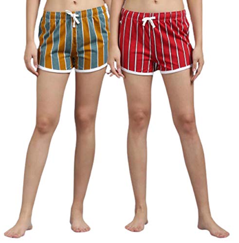Image of KOTTY Pure Cotton Yellow and Red Striped Women Night Short - Pack of 2 (Yellow&Red)