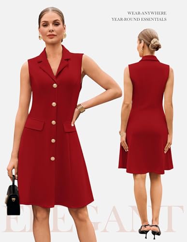 Summer Business Work Dress for Women Red Dress Sleeveless Midi Dress V Neck Dress M — view 3