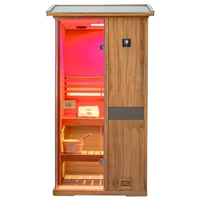 HKXSC Outdoor Sauna 1 Person, African Mahogany Wood Steam Sauna Room with Negative ions?red Light Therapy for Backyard, 2.5KW/240V, 40.20" W x 43.35" D x*83.93" H