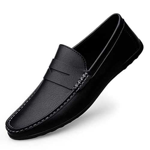Men's Loafers Flat Breathable Casual Leather Moccasins Handmade Slip On Driving Business Shoes Black Size 10
