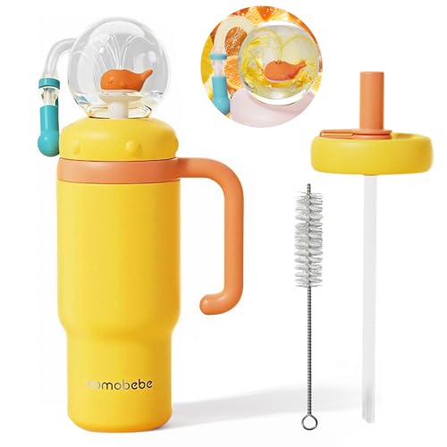 Image of Insulated Whale Fountain Cup, 24 oz Stainless Steel Travel Mug with Handle, Leak-Proof Straw Cup, 2025 model - Washable. Suitable for children, teenagers and adults (orange)