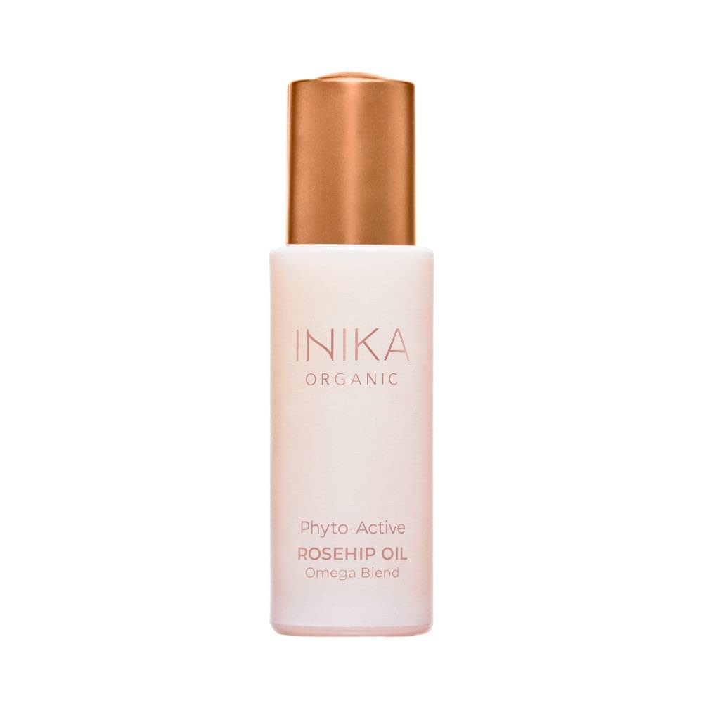 INIKA Organic Phyto-Active Rosehip Oil. Luxurious blend of Rosehip and antioxidant rich botanical Extracts to protect, plump and smooth skin. Natural, Vegan and Cruelty-Free Formula.
