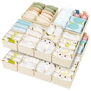 DIMJ Drawer Organizer Clothes 15 Pack – Foldable Baby Organizers and Storage & Closet Organizers for Bedroom, Closet – Nursery Organization Dresser Dividers for underwear, Sock,Bra, Belt, Tie, Beige