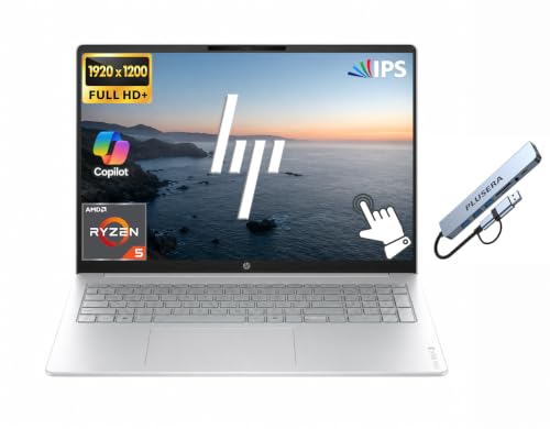 Image of HP OmniBook 3 Touchscreen Business Laptop Computer, 16 inch WUXGA IPS Display, Windows 11 Pro, 512GB PCIe SSD, 8GB RAM LPDDR5, AMD Ryzen 5 40 Processor, Numeric Keypad, PLUSERA 8-in-1 Hub, Glacier Silver