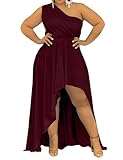 Women's Plus Size One Shoulder Asymmetrical Dress Sexy High Low Maxi Dress Evening Gown Burgundy XXL