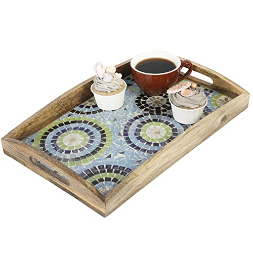 Mygift Mango Wood Serving Tray With Intricate Glass Mosaic Design, Rectangular Decorative Tray With Cutout Handles - Handcrafted In India #TOP28