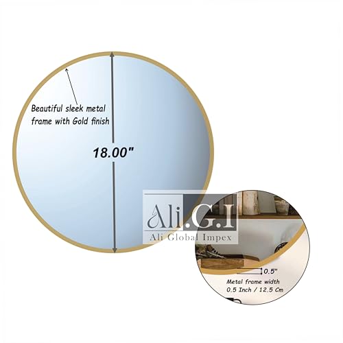 Image of Round Wall Mirror in Gold I Metal Frame Mirror I Modern Metal Frame Mirror in Small Size I Bathroom Wash Basin, Bedroom, Drawing Room (Gold, 18 inch)