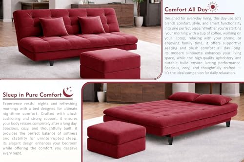 Image of Rosebell Modern Three-Seater Sofa Cum Bed Foldable Velevt Fabric Sofa, Foam Seating, Stylish Design for Living Room, Guest Room & Office - Red Color
