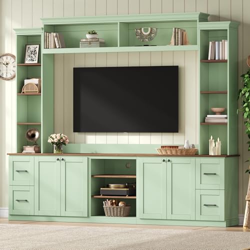 Image of 94.8 inchL Large Entertainment Center with Bookshelves and Drawers for TVs Up to 70'', Wall Unit Entertainment Center with Adjustable Shelves and Cabinet, Minimalist TV Stands for Living Room Mint Green