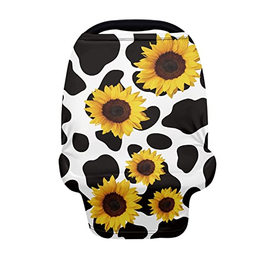 Image of Coldinair Cow Sunflower Print Car Seat Cover for Babies Girls,Soft Stretchy Nursing Cover,Breathable Infant Carseat Canopy,Shopping Cart /High Chair /Stroller Covers