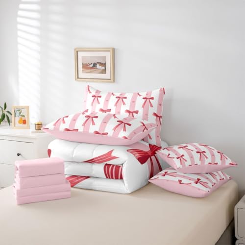 Image of Kawaii Bow Tie Full Size Bed Sheets and Comforter Set | Princess Bow 7-Piece Bedding Set Cute Ribbon Bowknot Bed in a Bag, Dreamy Pink Stripes Bed Sets