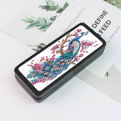 Image of 5D Diamond Painting Glasses Case for Adults, DIY Rhinestone Crystal Diamond Art Eyeglass Holder, Handmade Majestic Peacock Sunglass Storage Box, Elegant Travel Craft Gift