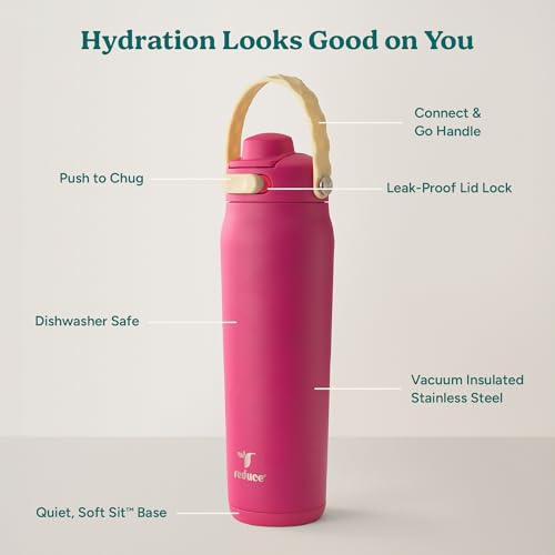 Image of REDUCE Aura Vacuum Insulated 26 oz Water Bottle - Leak-Proof & Chug Spout for Quick Hydration - Keeps Drinks Cold for 30 Hours - Removable Handle for Travel or Gym - Soft Sit Base - Dragonfruit