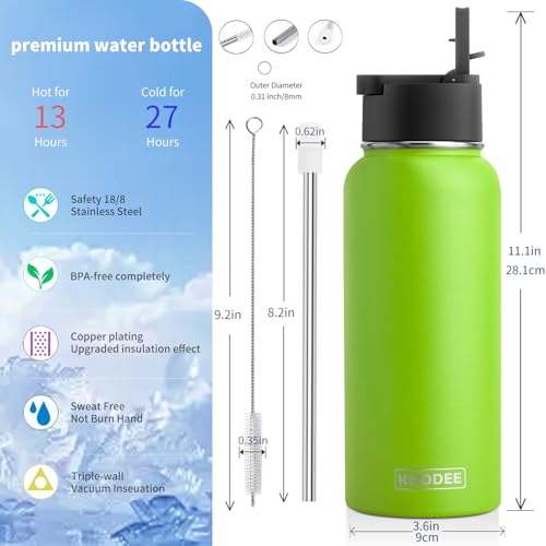 Image of koodee Water Bottle-32 oz Stainless Steel Vacuum Insulated Water Bottle with Straw Metal Sports Flask for Adults (Apple Green)