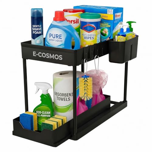 E-COSMOS® 2-Tier Under Sink Organizer - Pull Out Cabinet Storage with Hooks & Ha...
