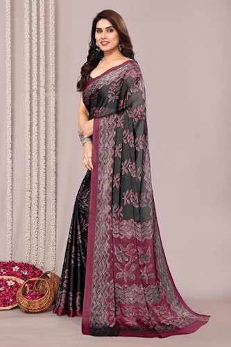 Image of MIRCHI FASHION Women Saree | Chiffon Leaf and Checked Print Professional Office Sari with Blouse