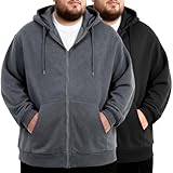 Chicingyou 2 Pcs Men's Big and Tall Lightweight Fleece Full-zip up Hoodie Jacket Loose Fit Sweatshirt Jacket with Pocket(7xl,Black,Gray)