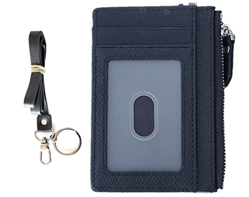 ASLANA Saffiano Genuine Leather Card Holder Minimalist Slim Wallet RFID Blocking Zipped Coins Pouch (D2- Black)