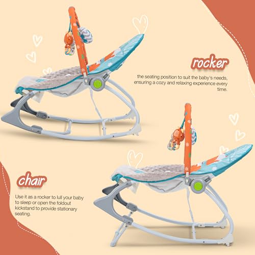 Image of Baybee 5 in 1 Baby Rocker and Feeding Chair for Babies | Portable Rocking Chair for Kids with Parent Handle, Multi Position Recline, Food Tray & Music | Baby Bouncers 0 to 3 Years Boys Girls (Blue & Grey)