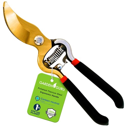 Garden Guru Indestructible Titanium Garden Clippers - Professional Bypass Hand Pruner Pruning Shear with Comfort Grip Handles for Gardening, Trimming, and Yard Work - Hardened Steel & Titanium Blade