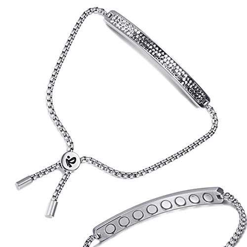 Rainso Eleglant Womens Crystal Magnetic Stainless Steel Bracelets for Arthritis Adjustable (Sliver)