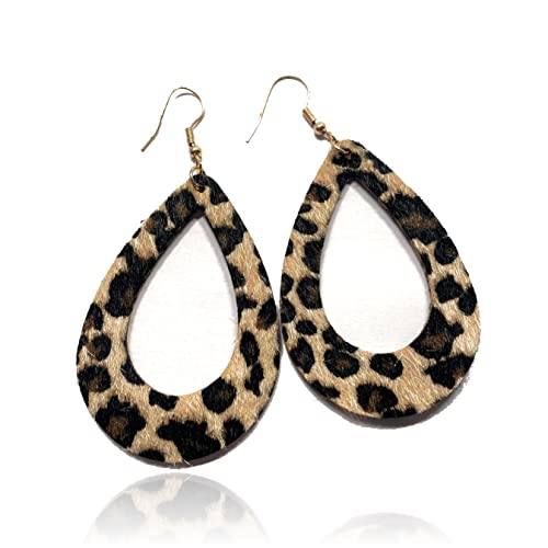 Leopard Print Earrings for Women Cheetah Genuine Leather Lightweight Jewelry Teardrop Dangle Earrings