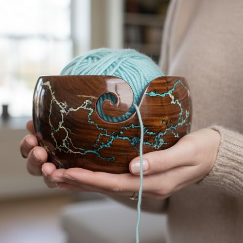Image of Lichtenberg Figure Yarn Bowl - Handmade Wooden Yarn Bowl for Knitting Yarn Ball Holder - Yarn Bowls with Holes Crochet Bowl Holder - Yarn Storage Bowl 7 inch x 4 inch inches (Blue and White)