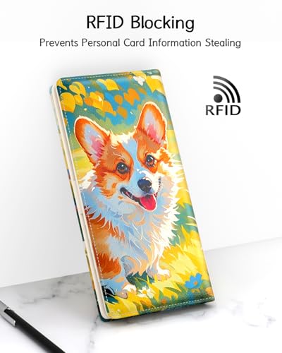 Image of Nipichsha Womens Wallet, RFID Slim Wallets for Women, Thin Ladies Credit Card Holder Purse, Cute Leather Bifold Clutch Billfold with 11 Card Slots & ID Window, Summer Dog