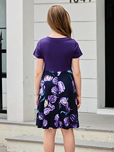 GORLYA Girls Short Sleeve Floral Print Casual Fit and Flare Party Dress with Pockets 4-12 Years2