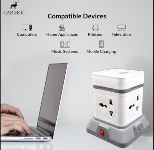 Image of Caribou CBU-34 Cube Extension Board with USB 2.4A | 4 Universal Sockets| Overload Protector | Led Indicator| 2.0 mtr ISI Approved Extension | Multi-Plug| Made in India | 3pin Plug | Travel Adapter