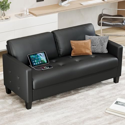 Image of 59 inch Black Faux Leather Loveseat, 2 Seater Couch for Office, Living Room