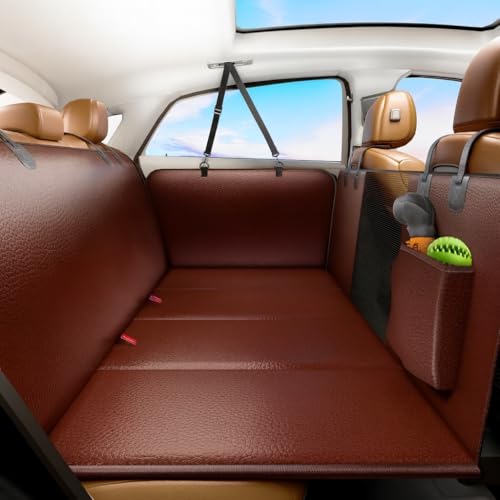 Image of Dog Car Seat Extender with Hard Bottom and Mesh Window, Waterproof Backseat Protector for Car, SUV, Truck Travel and Camping (Brown, PU Leather)