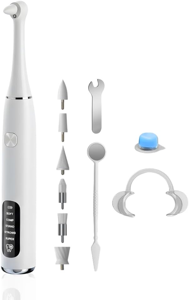 Tooth Polisher Deep Cleaning Kit with 5 Replacement Brush Heads | Rechargeable Teeth Stain Remover for Personal Home Use, White