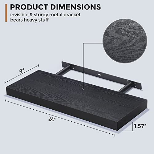 Floating Shelves - Black Rustic Wooden Wall Shelves Set Of 2 - Wall Mounted Storage Shelf With Invisible Brackets - Extra Deeper & Thicker For Living Room, Bedroom, Kitchen, Farmhouse - 24" L X 9" D #TOP2