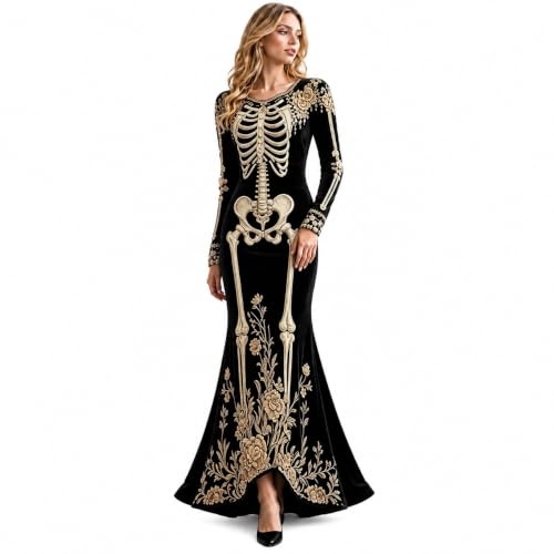 Women Halloween Costume,Women Skeleton Dress Long Sleeve 3D Digital Print Bone Floral Maxi Velvet Dresses Halloween Costume Cosplay,A01-Black,4XL - image 2
