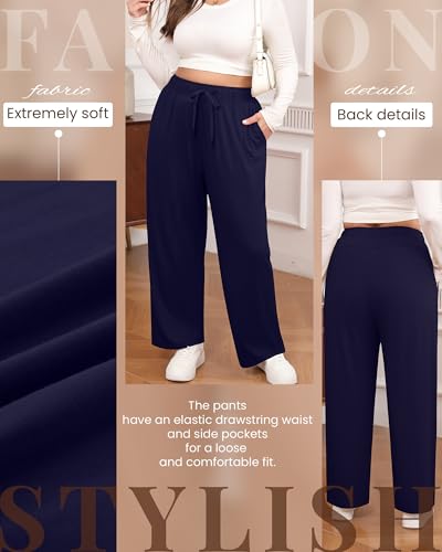 Huukeay 3 Pack Women Plus Size Pants, Straight Wide Leg Lounge Pants Drawstring Elastic Casual Loose Trousers with Pockets3