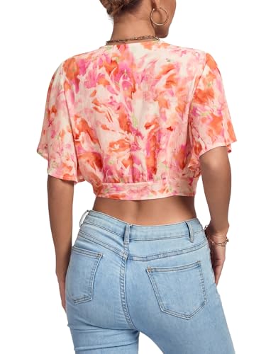 Image of LYANER Women's Sexy Deep V Neck Tie Front Wrap Cropped Blouse Bell Short Sleeve Ruffle Crop Tops