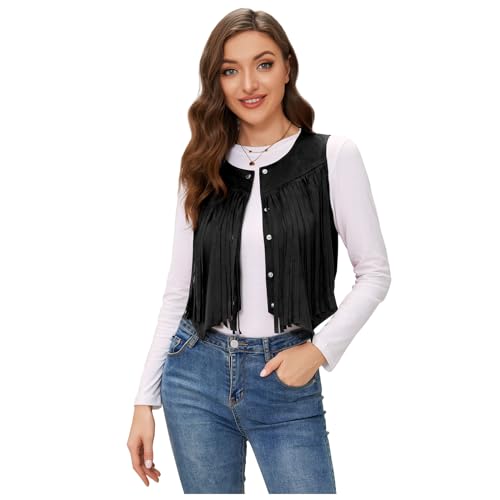 JASGOOD Tassel Vest Women 70s Suede Hippie Faux Sleeveless Fringe Jacket Western Tassel 60S Outfit
