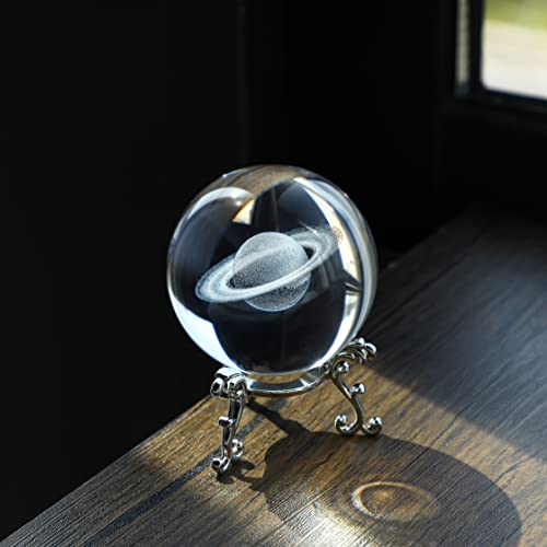 Image of ZEERSHEE 3D Glass Laser Saturn Crystal Ball with Stand 60mm Decorative Glass Ball Paperweights Space Decor for Home