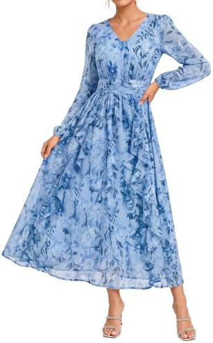 GRACE KARIN Damen V-Ausschnitt Laterne Ärmel Rüschensaum Blumendruck Tailliert Midi Kleid mit Taschen