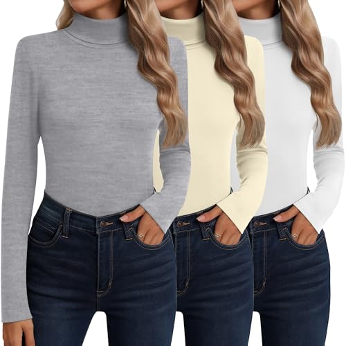 Neer 3 Pack Cotton Women's Turtleneck Long Sleeve Tops Thermal Underwear Base Layer Fall Winter Shirts Sweater(Light Grey, Cream, White,M)
