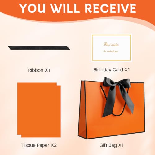 Image of JMANNI Gift Bags with Handles, 13 inch Medium Gift Bag for Presents, 1 Pcs Bags with 2 Tissue Paper and 1 Cards for Graduation Baby Shower Wedding Fathers Day Mother's Day Birthday Party (Orange-Black