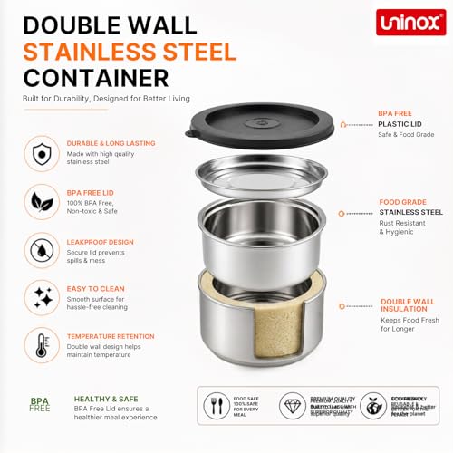 Image of uninox Double Wall Stainless Steel Tiffin Box with 3 Containers & 1 Free Container | Lunch Box for Office, School & Travel | Black Colour